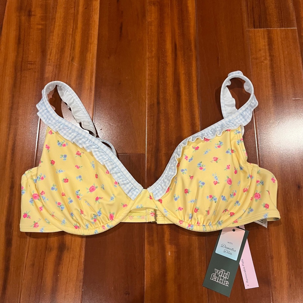 Yellow Floral Gingham Bikini Top Wild Fable x Demetra Dias Ruffle Underwire L